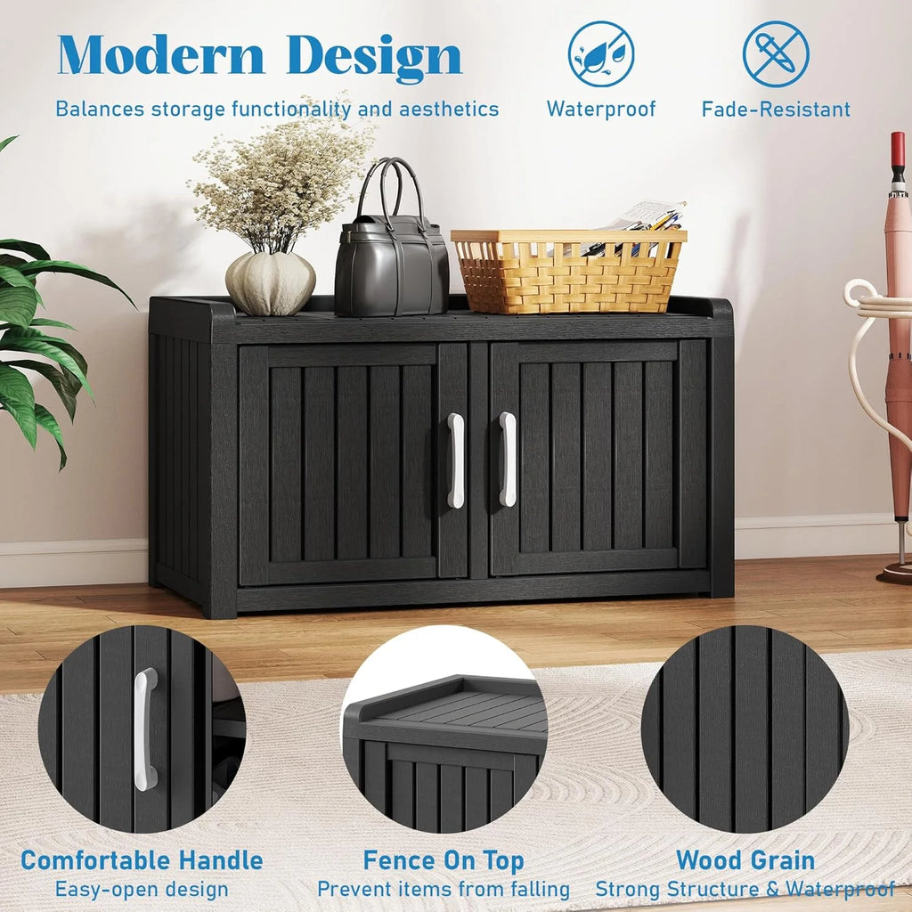 2026 KAMABOKO Outdoor Shoe Storage Cabinet, Waterproof UV-Resistant Entryway Storage Bench Indoor Outdoor with 2 Barn Doors, Adjustable Shelves for Entryway, Bedroom, Hallway,Living Room(Black)