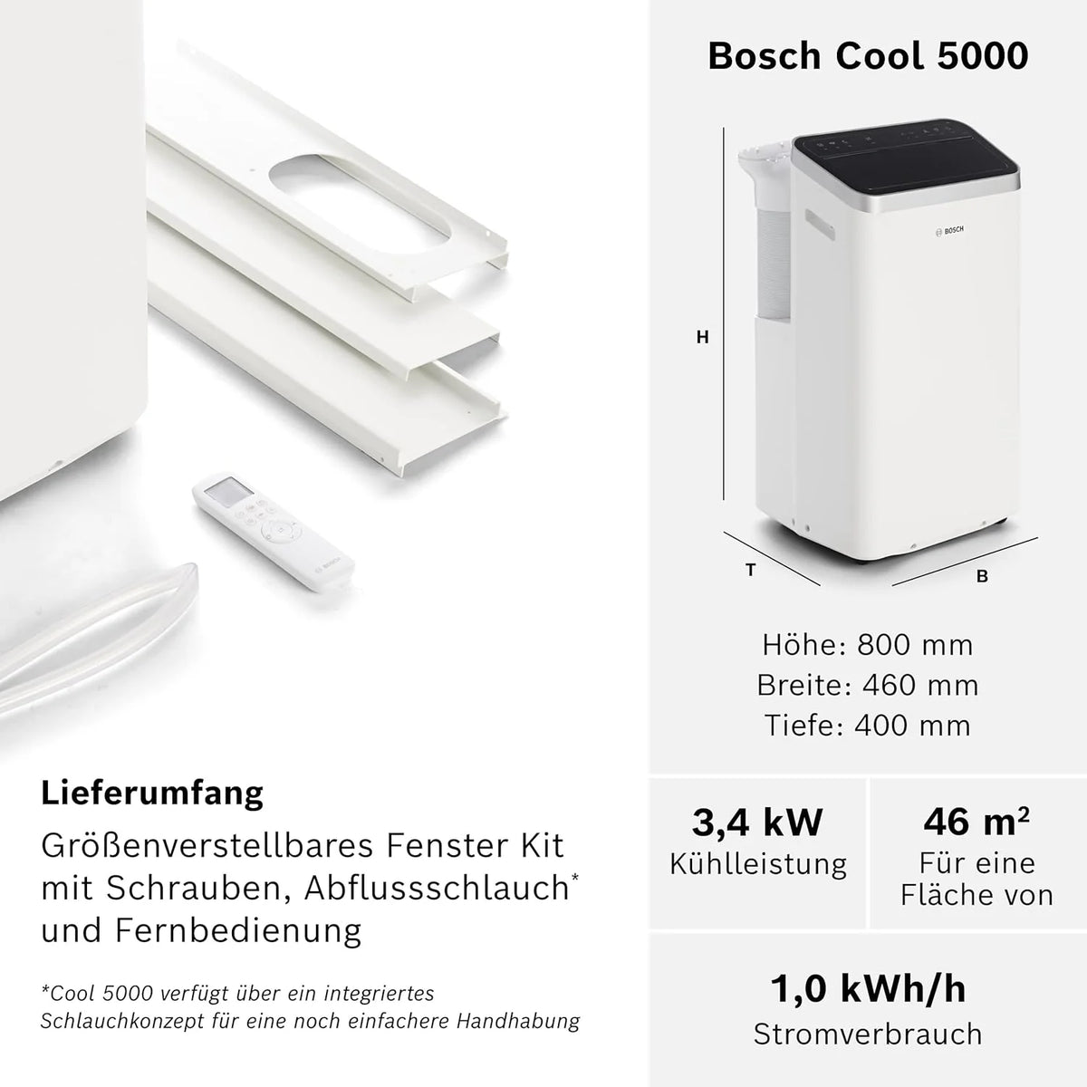 Aire acondicionado portátil Bosch Cool 4000 (modelo 2026) – 3 en 1: Aire acondicionado, deshumidificador y ventilador – 2,6 kW para habitaciones de hasta 35 m² – Con modo automático, modo silencioso y modo reposo.