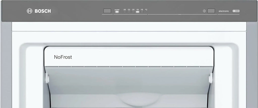 2026 Bosch – Congelador Vertical NoFrost, Serie 4, alto 186 x ancho 60 cm, 242 L, Cajones BigBox para alimentos grandes, Sistema Multiairflow, Acero, GSN29VIEP
