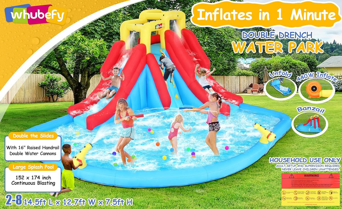 2026 Inflatable Water Slides for Kids 8-in-1 Bounce House Water Park with 450W Blower Climbing Wall, Splash Pool, 2 Water Cannons, Basketball Hoop, Water Slide, Crocodile Sprinkler for Gift Backyard Party