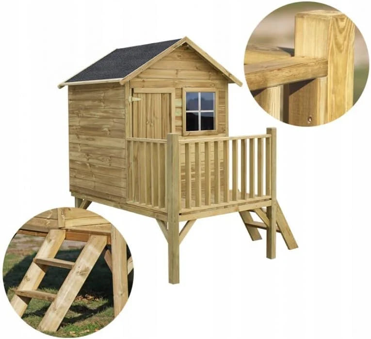 Casita de juegos infantil de jardín 2026 – Casita de juegos exterior para niños – Fabricada en madera de pino cepillada impregnada – Casita de juegos de jardín original y única – Tipo de madera: Pino cepillado