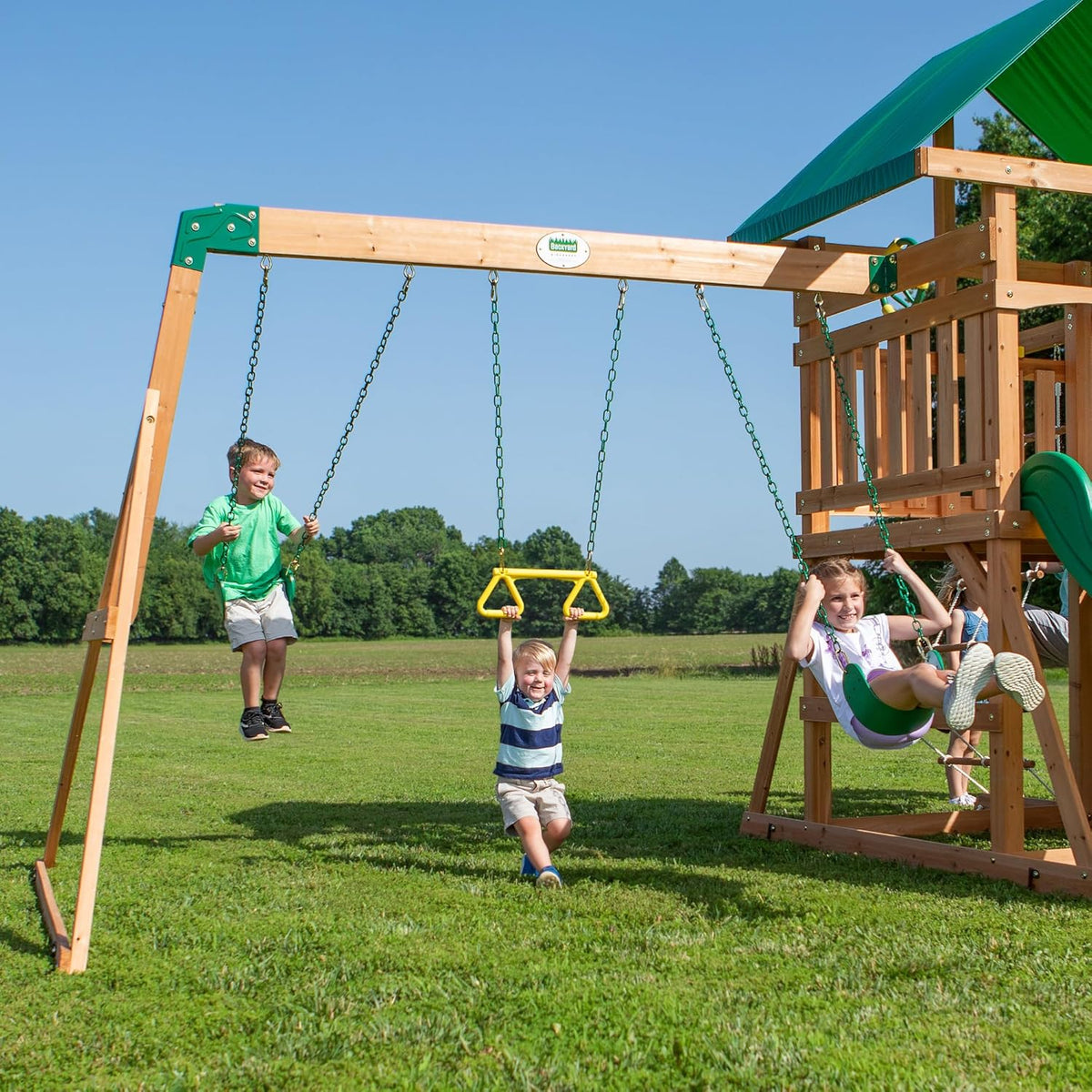 2026 Mount Mckinley Cedar Wood Swing Set with Wave Slide, Play Deck, Double Rock Wall, Rope Ladder, Web Swing, Belt Swings, Toy Telescope,…