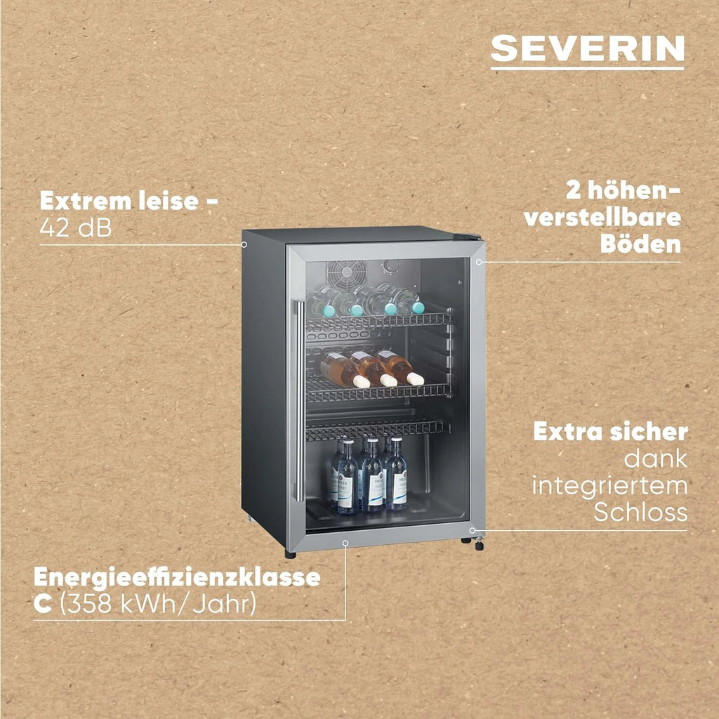 Nevera para botellas SEVERIN 2026, con cerradura integrada e iluminación LED integrada, capacidad neta de 118 L, color negro/plata, FSK 8840