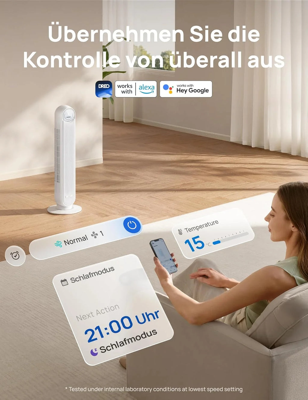 Ventilador de torre silencioso Dreo Smart 2026 de 20 dB, alcance de 10 m, 4 velocidades, 4 modos, temporizador de 8 horas, oscilación de 90° con función de refrigeración, WiFi y control remoto para dormitorio, Nomad OneS, blanco