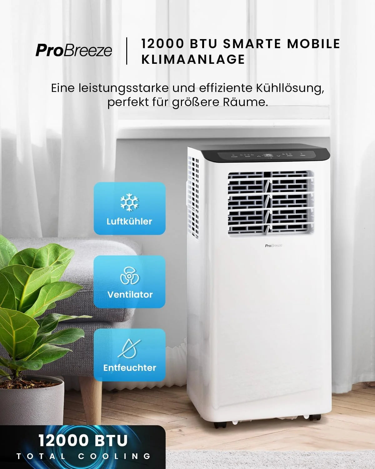 Aire acondicionado portátil Pro Breeze 2026 de 12000 BTU (para habitaciones de hasta 50 m²) – Aire acondicionado portátil con control por aplicación, temporizador y pantalla LED – Incluye junta para ventana y manguera de escape – Aire acondicionado