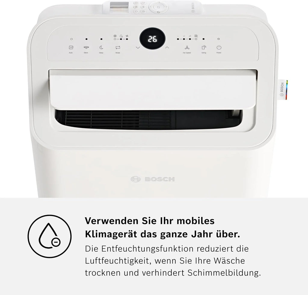 Aire acondicionado portátil Bosch Cool 4000 (modelo 2026) – 3 en 1: Aire acondicionado, deshumidificador y ventilador – 2,6 kW para habitaciones de hasta 35 m² – Con modo automático, modo silencioso y modo reposo.