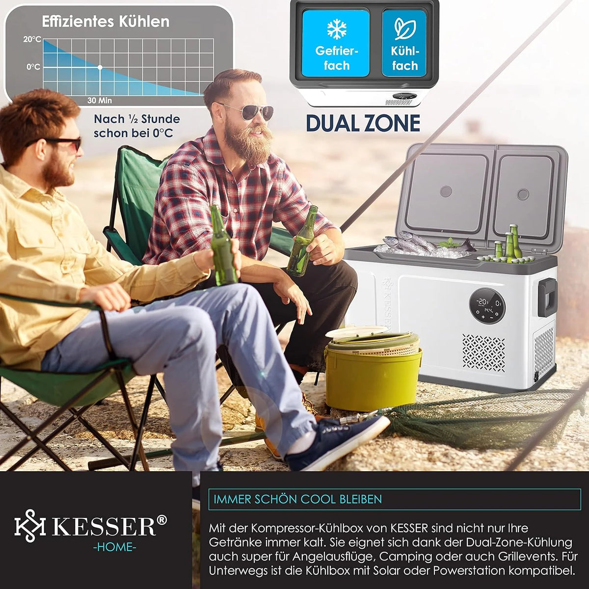 Nevera portátil KESSER 2026 con compresor, 2 en 1, doble zona de refrigeración y congelación, con congelador eléctrico, 2 acumuladores de frío y control táctil LED | Refrigerador con capacidad de enfriamiento hasta – 20 °C para camping, coche y