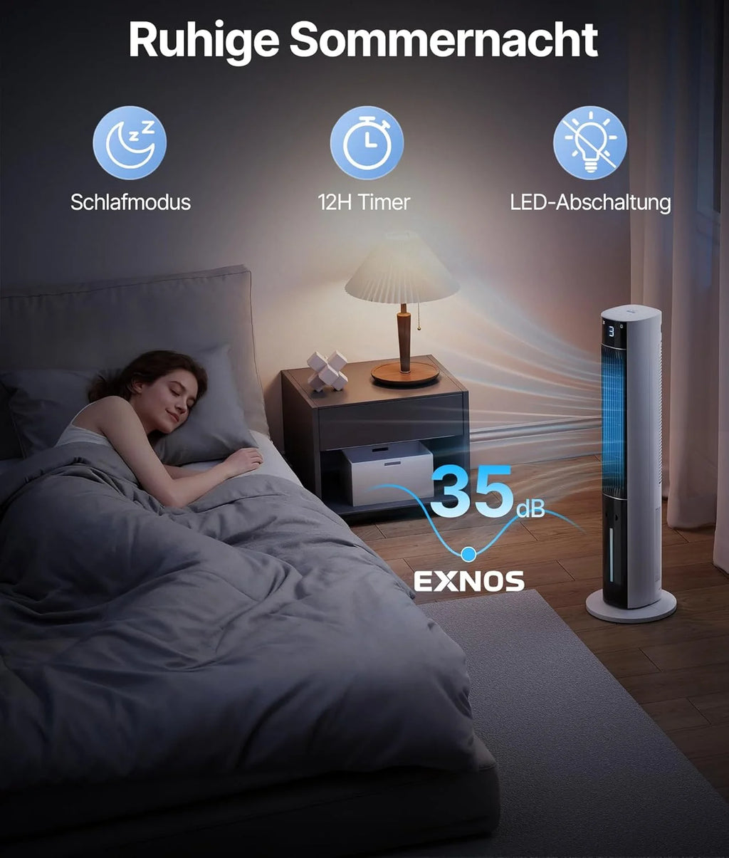 Ventilador de torre 2026 con enfriador de aire por agua – Aire acondicionado portátil sin manguera de escape, ventilador silencioso, 3 modos – Temporizador de 12 horas – Aroma – Control remoto, para habitaciones y apartamentos