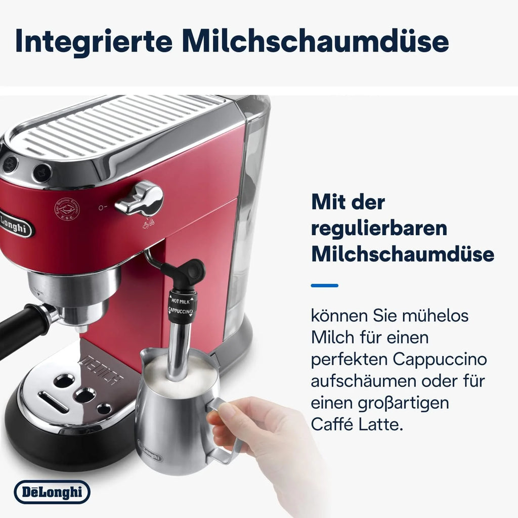 Cafetera espresso De'Longhi Dedica Style EC 685.M de 2026 con portafiltro, espumador de leche profesional, solo 15 cm de ancho, para café molido o cápsulas ESE, depósito de agua de 1 l, color plata.