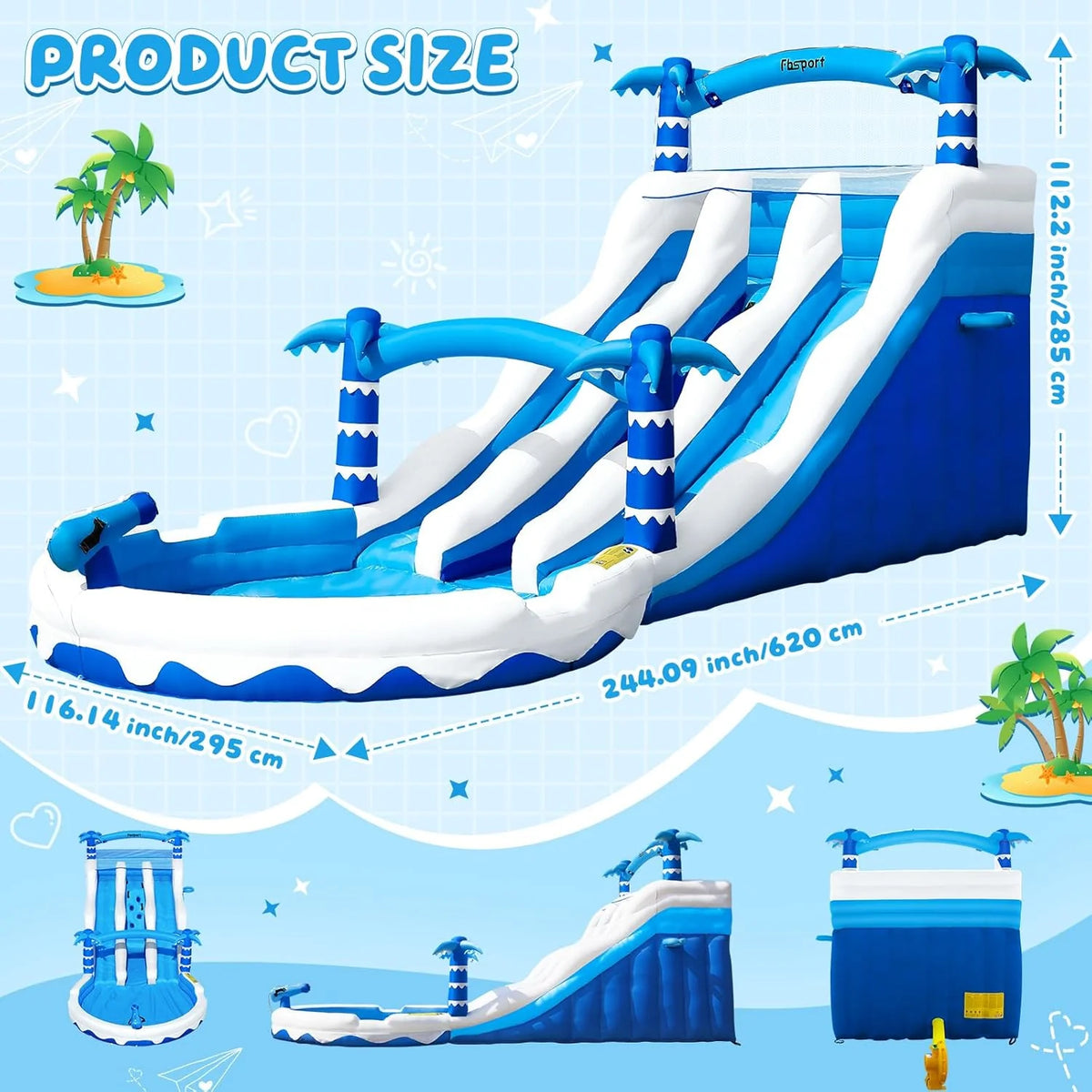 Castillo hinchable XXL 2026 con 2 toboganes acuáticos para uso comercial, adultos y niños, hinchable para interiores y exteriores con soplador, tamaño piscina, tobogán, cesta, sistema de aspersores y rocódromo, 630x290x285 cm