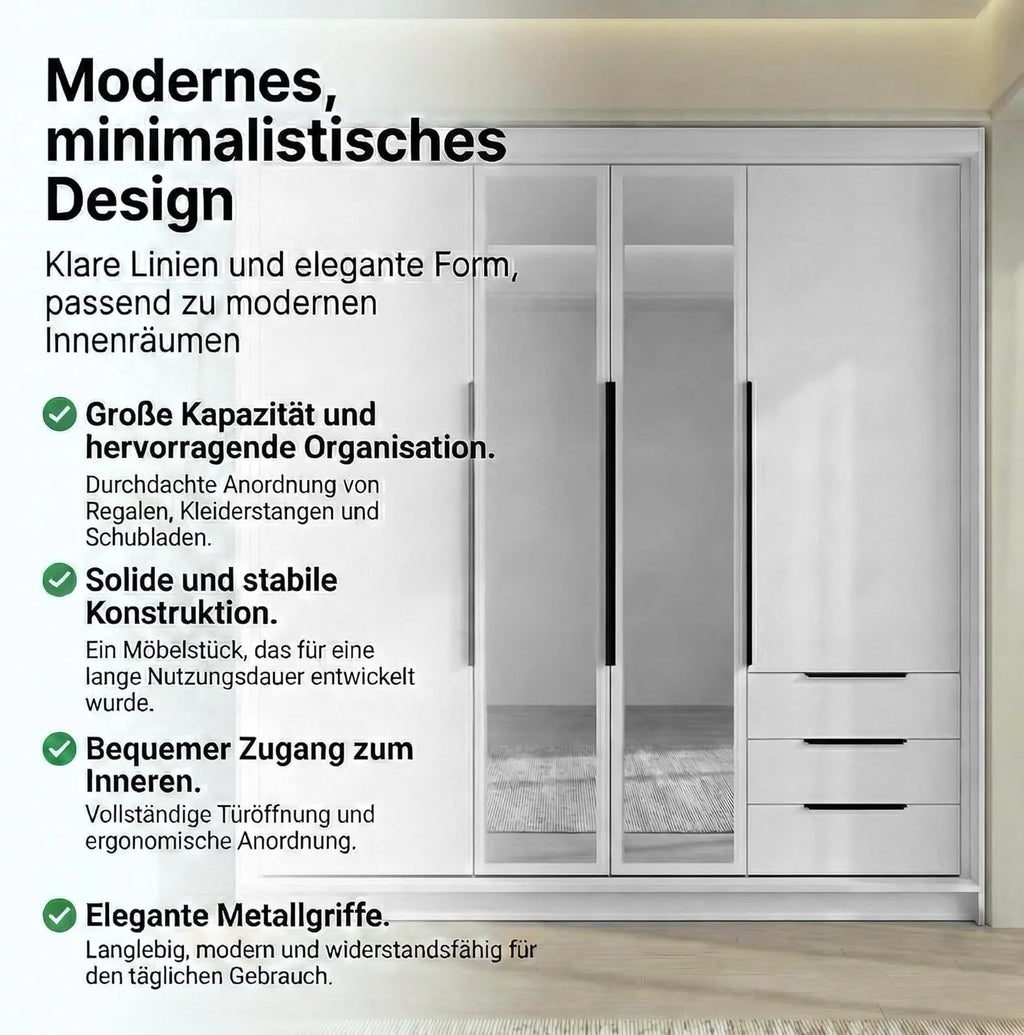 2026 A and J MöbelLand VIVO Armario de 4 puertas con espejo y cajones – 200 x 215 cm – Armario con puertas batientes, barra para colgar ropa y estantes