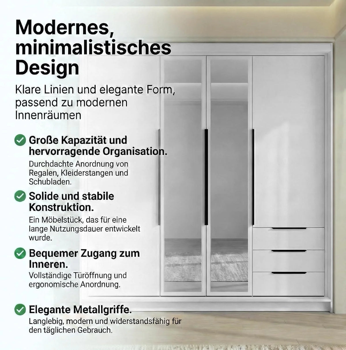 2026 A and J MöbelLand VIVO Armario de 4 puertas con espejo y cajones – 200 x 215 cm – Armario con puertas batientes, barra para colgar ropa y estantes