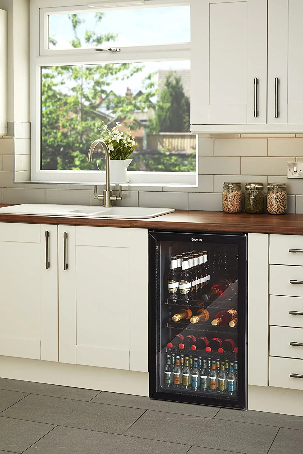 2026 Swan 80L Glass Fronted Under Counter Fridge, Wine Beer and Beverage Cooler