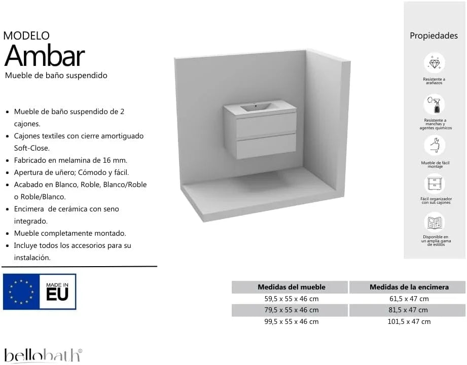 2026 BELLOBATH – Mueble Baño Suspendido con Lavabo de Cerámica, Mueble Baño con Lavabo Montado con 2 Cajones, 80 x 55 x 46 cm, Mueble Roble