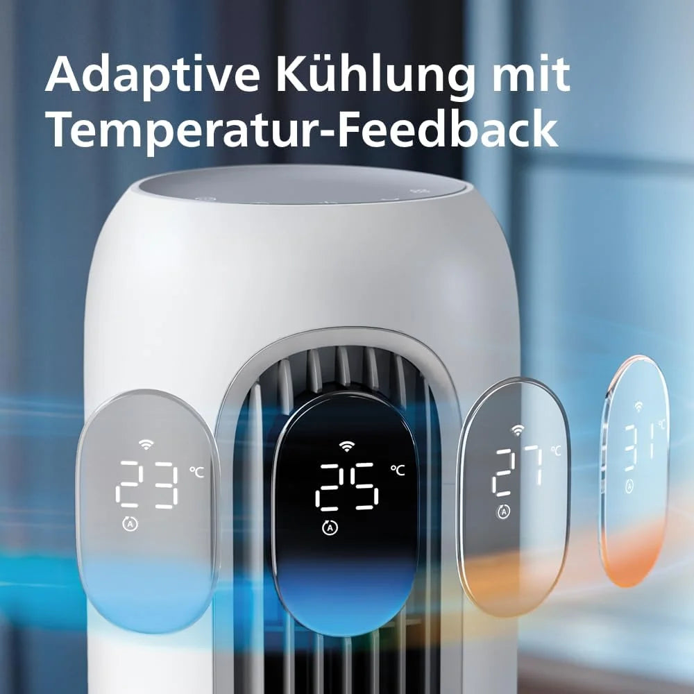Ventilador de torre inteligente Philips Serie 7000 (2026): potente (8,4 m/s), ultra silencioso (22 dB), de bajo consumo, control por aplicación y mando a distancia, Wi – Fi, 12 velocidades, modo de suspensión, indicador de temperatura, temporizador