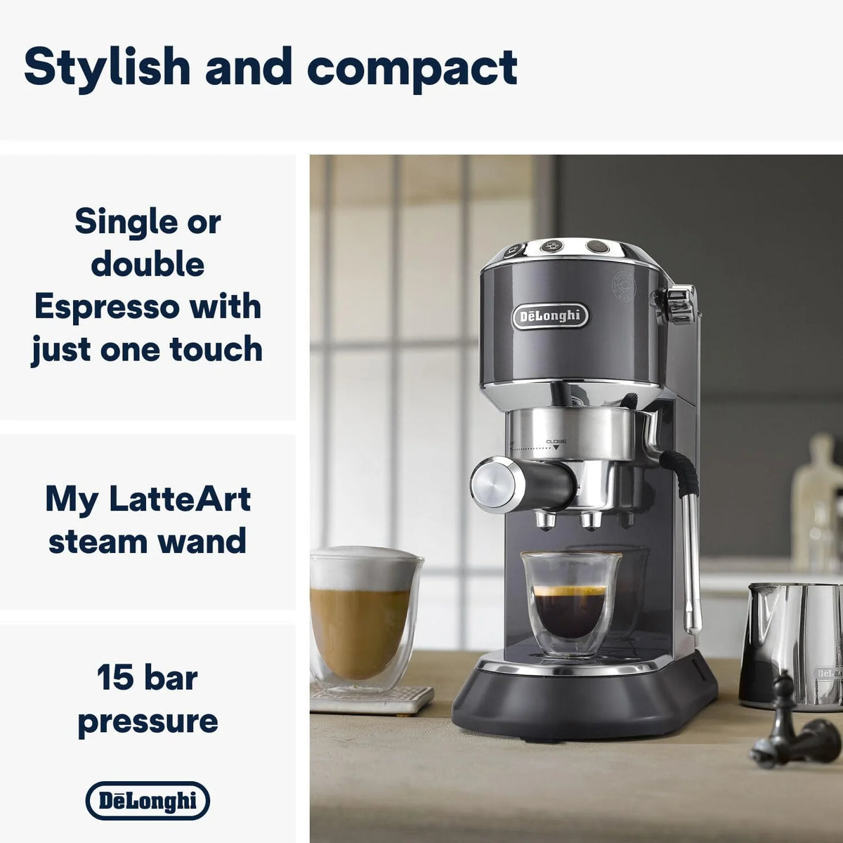 Cafetera espresso De'Longhi Dedica Style EC 685.M de 2026 con portafiltro, espumador de leche profesional, solo 15 cm de ancho, para café molido o cápsulas ESE, depósito de agua de 1 l, color plata.