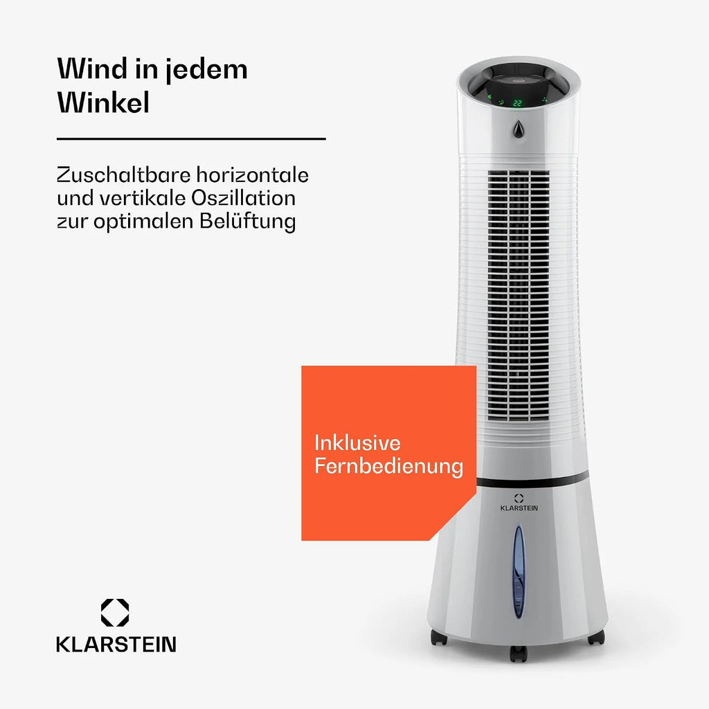 Klarstein 4 en 1 (2026): Enfriador de aire inteligente, ventilador, humidificador e ionizador | Depósito de agua de 6 L, oscilación, 30 W, 210 m³/h, temporizador | Aire acondicionado sin tubo de escape, portátil, color plata