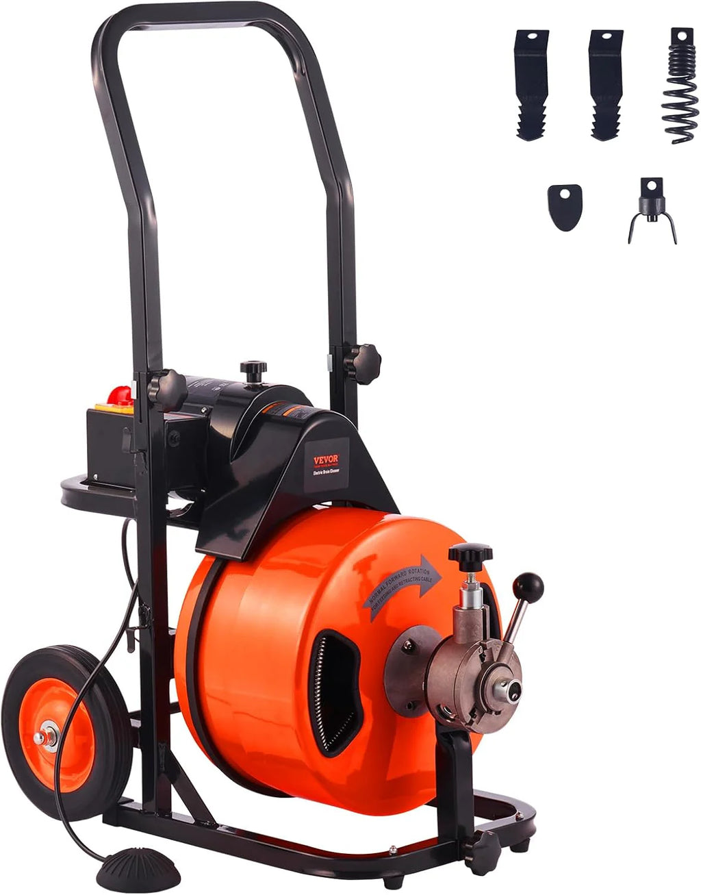 2026 Drain Cleaner Machine 100FT x 1/2Inch, Auto Feed Sewer Snake Auger with 4 Cutter & Air-activated Foot Switch for 1" to 4" Pipes, Orange, Black