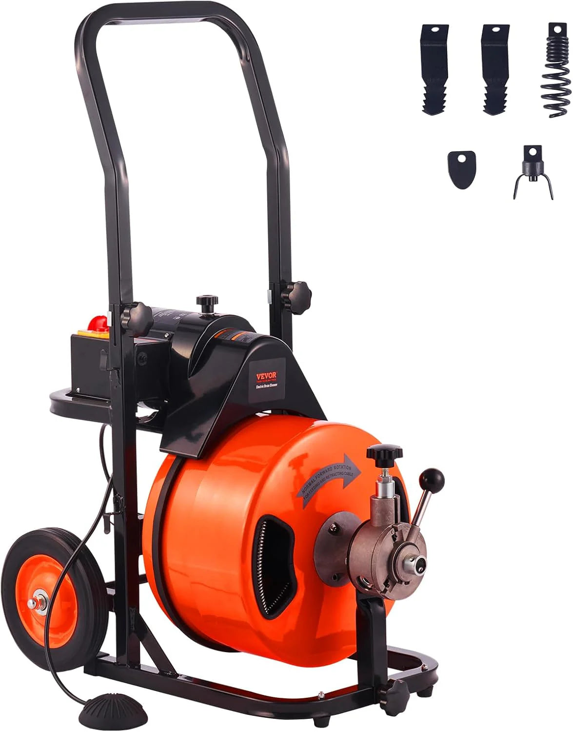 2026 Drain Cleaner Machine 100FT x 1/2Inch, Auto Feed Sewer Snake Auger with 4 Cutter & Air-activated Foot Switch for 1" to 4" Pipes, Orange, Black