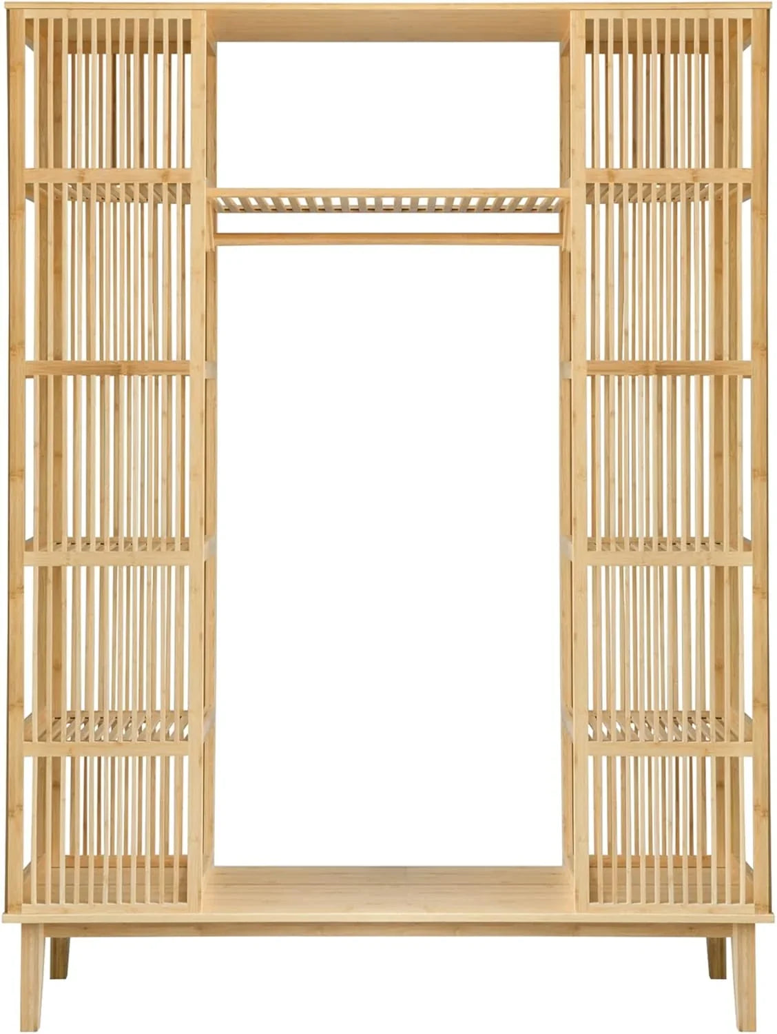 2026 Armario para Ropa con 2 Puertas Deslizantes Clóset con 12 Estantes y 1 Barra de Colgar Perchero de Bambú 185 x 140 x 45 cm Natural