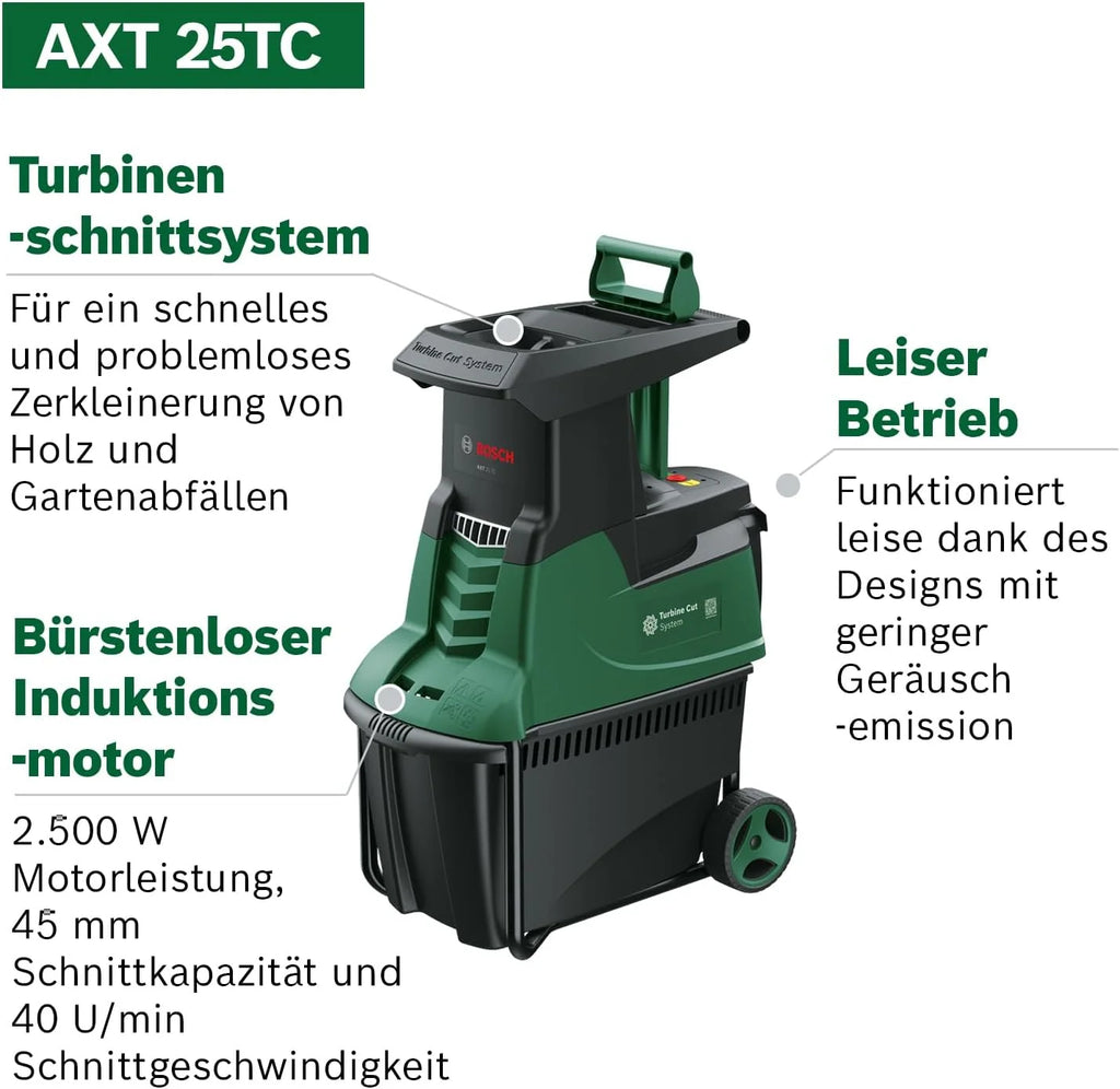 Trituradora de turbina Bosch AXT 25 TC 2026 (2500 W; apta para madera y residuos de jardín duros; incluye guantes de jardinería; caja recolectora integrada de 53 l; en caja de cartón) – Edición