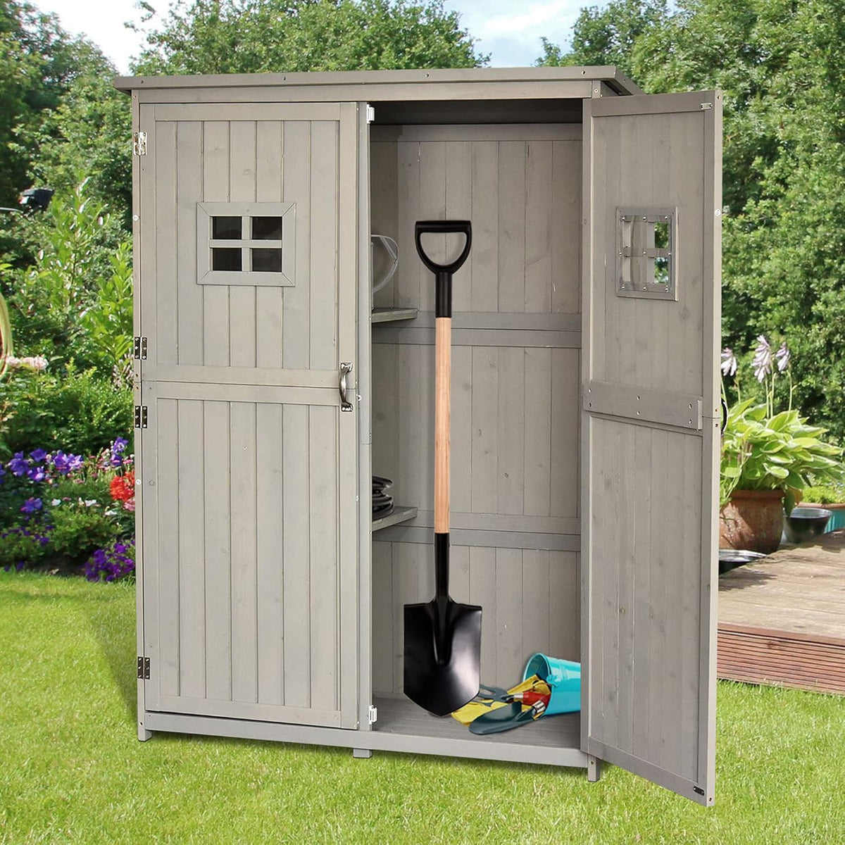 2026 Outsunny Cobertizo de Madera Caseta Exterior Armario Herramientas de Jardinería Doble Puertas Techo Impermeable Compartimientos de Diferentes Tamaños 127.5x50x164cm Madera Maciza