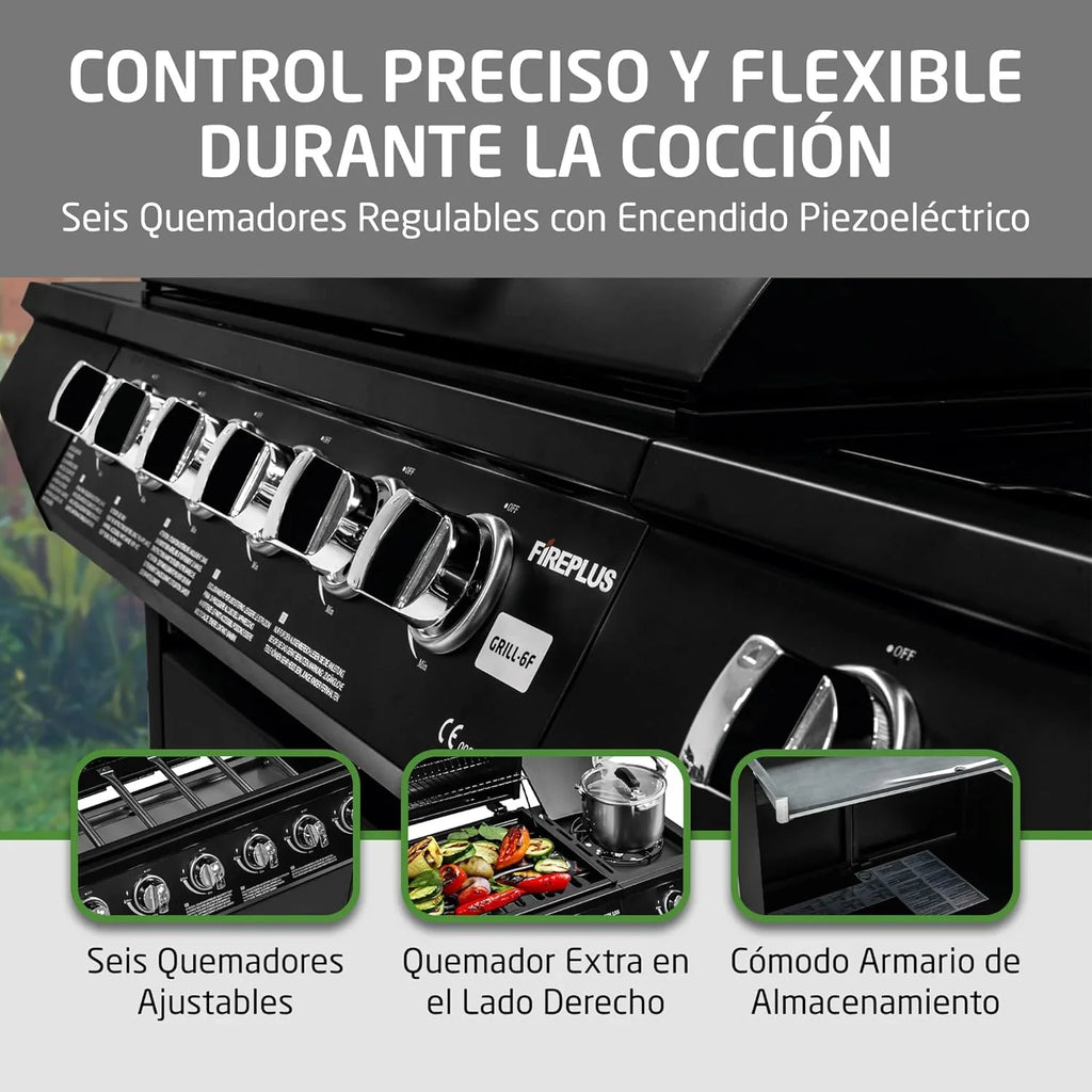 2026 Amig – Barbacoa de gas Fireplus 6+1 de 12,9 kW – Acero inoxidable Negro – Parrilla con ruedas Modelo GRILL – 6F – Barbacoa XXL con carro y termómetro – 138x52x103 cm – 7 quemadores y Bandeja lateral