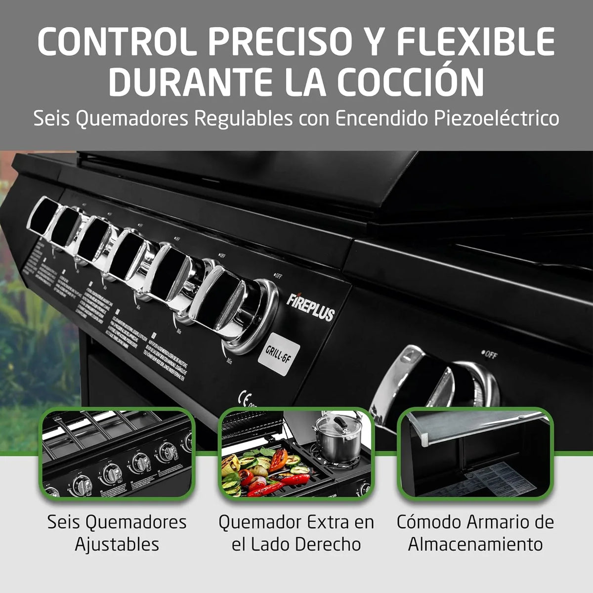 2026 Amig – Barbacoa de gas Fireplus 6+1 de 12,9 kW – Acero inoxidable Negro – Parrilla con ruedas Modelo GRILL – 6F – Barbacoa XXL con carro y termómetro – 138x52x103 cm – 7 quemadores y Bandeja lateral