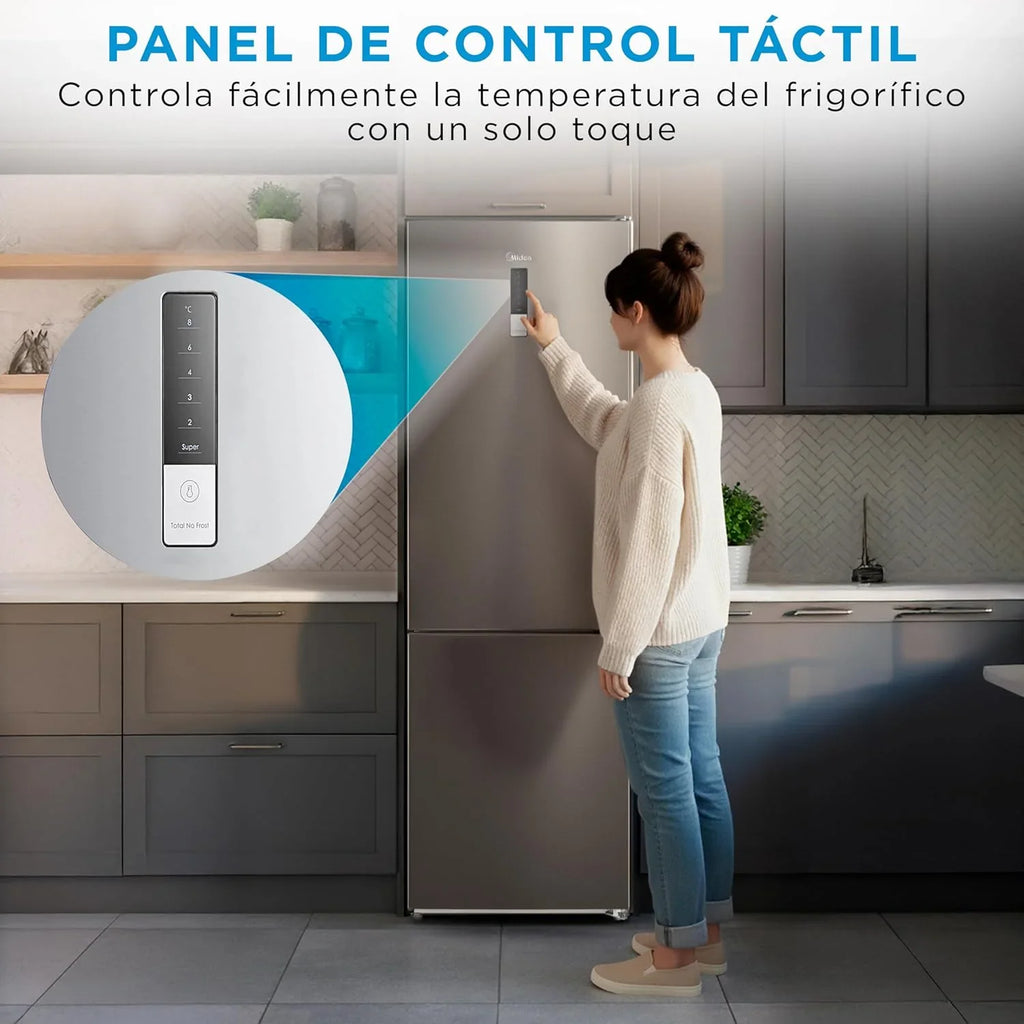 2026 Midea Frigorífico Combi No Frost | 60 cm ancho x 188 alto cm | Inox | Nevera libre instalación 224 L + 86 L Congelador – Refrigerador de bajo consumo con congelador vertical