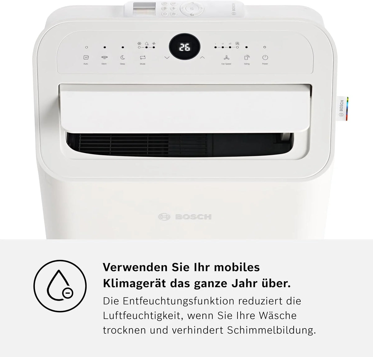Aire acondicionado portátil Bosch Cool 4000 (modelo 2026) – 3 en 1: Aire acondicionado, deshumidificador y ventilador – 2,6 kW para habitaciones de hasta 35 m² – Con modo automático, modo silencioso y modo reposo.