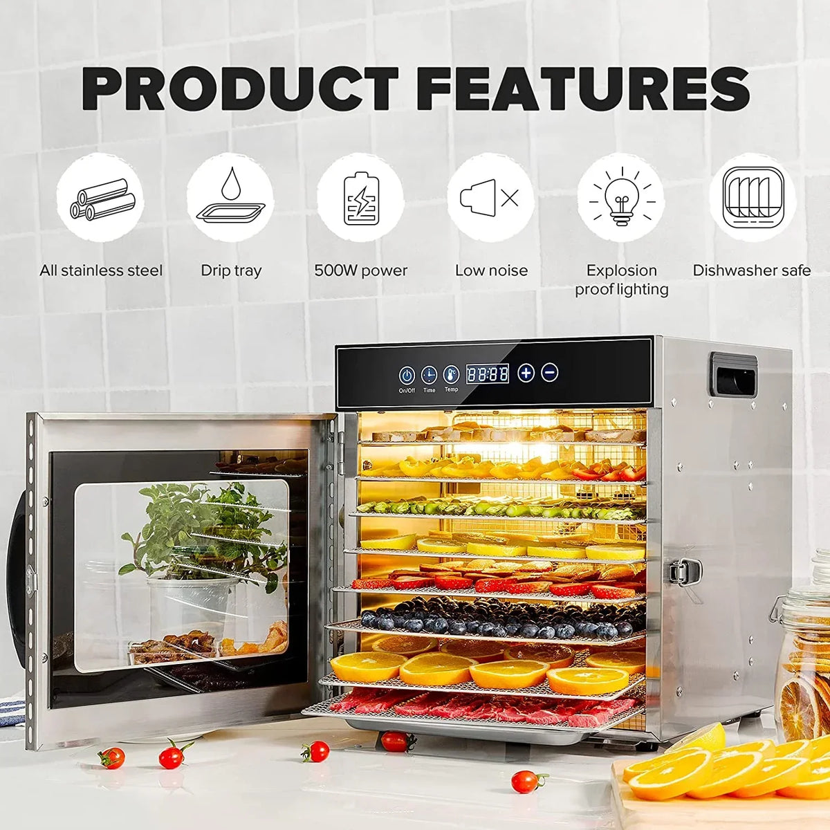 2026 Tray Food Dehydrator, Steel Fruit Dry Machine with 30 90∼C Adjustable Thermostat, 24hr Digital Timer