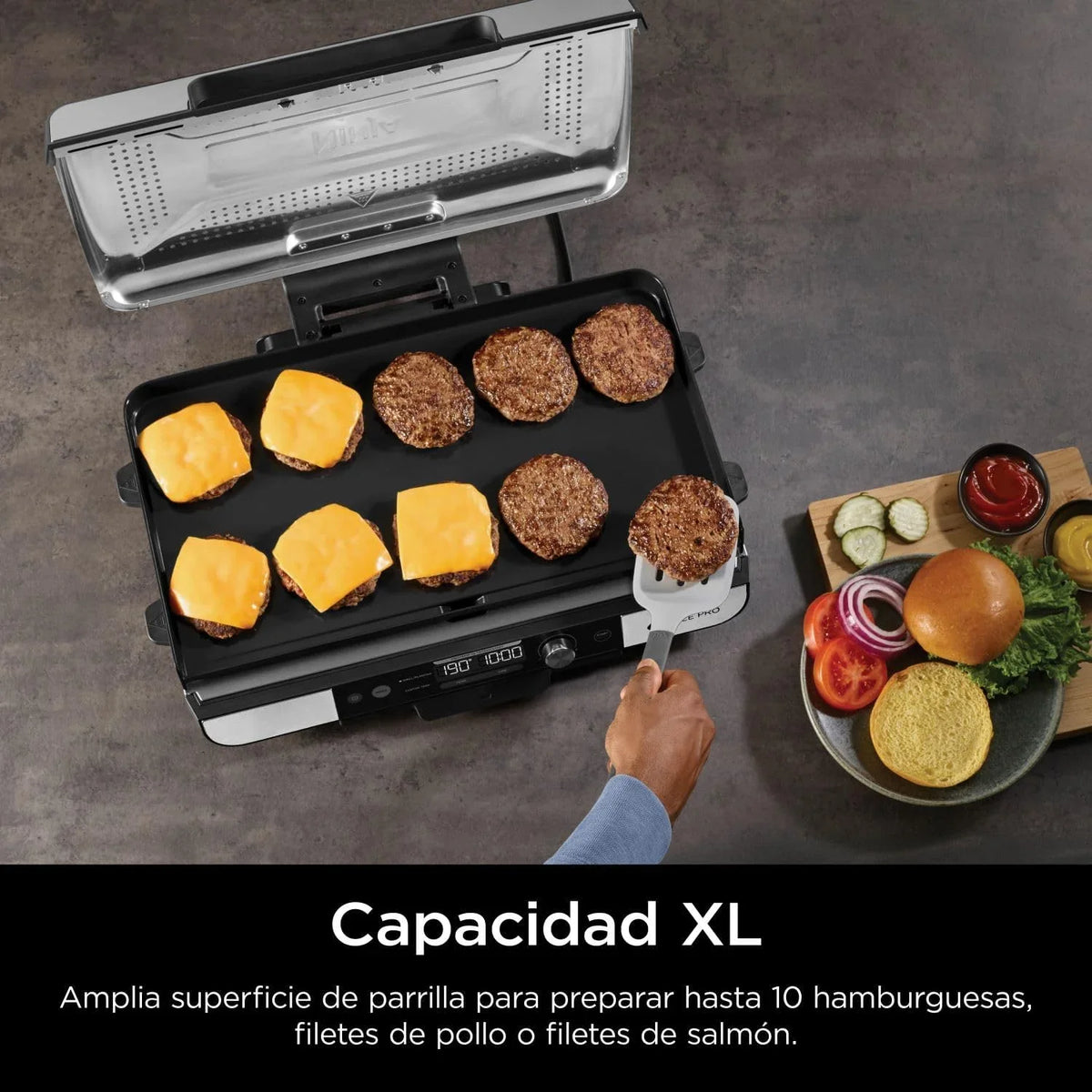 Parrilla y plancha de interior Ninja Sizzle Pro XL con placa y plancha de cerámica antiadherente, tapa desmontable, recolector de grasa y guía de recetas, plata/negro GX101EU 2026