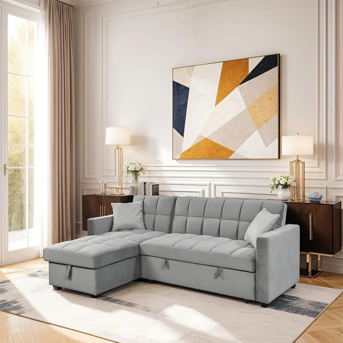 2026 Sofá Cama Chaise Longue 210x145 cm – Chaise Longue Reversible Ambos Lados con Arcón, Sofa Rinconera con Sistema de Arrastre, Armazón de Pino Macizo – Gris Terciopelo
