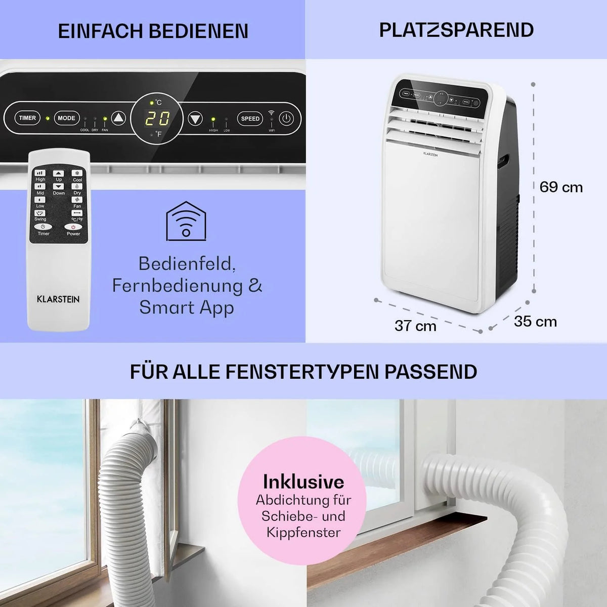 Aire acondicionado móvil Klarstein 2026 con manguera de escape, aire acondicionado 4 en 1 con ventilador, deshumidificador y modo nocturno, aire acondicionado pequeño y portátil para el hogar y la oficina, control por aplicación, 12000 BTU.