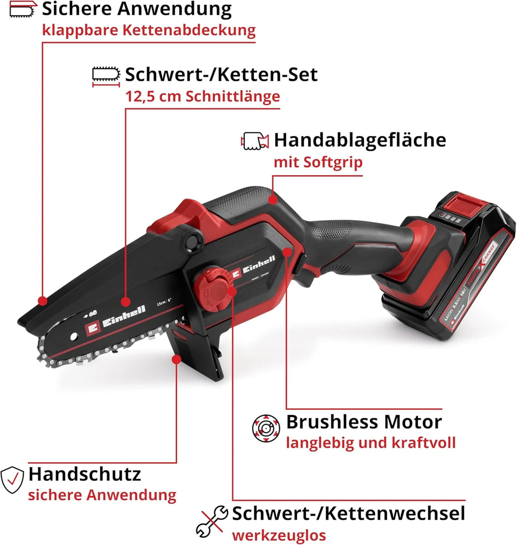 2026 Motosierra de poda inalámbrica Einhell GE – PS 18/15 Li Bag Kit Power X – Change (18 V, sin escobillas, longitud de corte de 12,5 cm, incluye batería de 2,5 Ah, cargador, cadena de repuesto, bolsa Einhell 45/29)