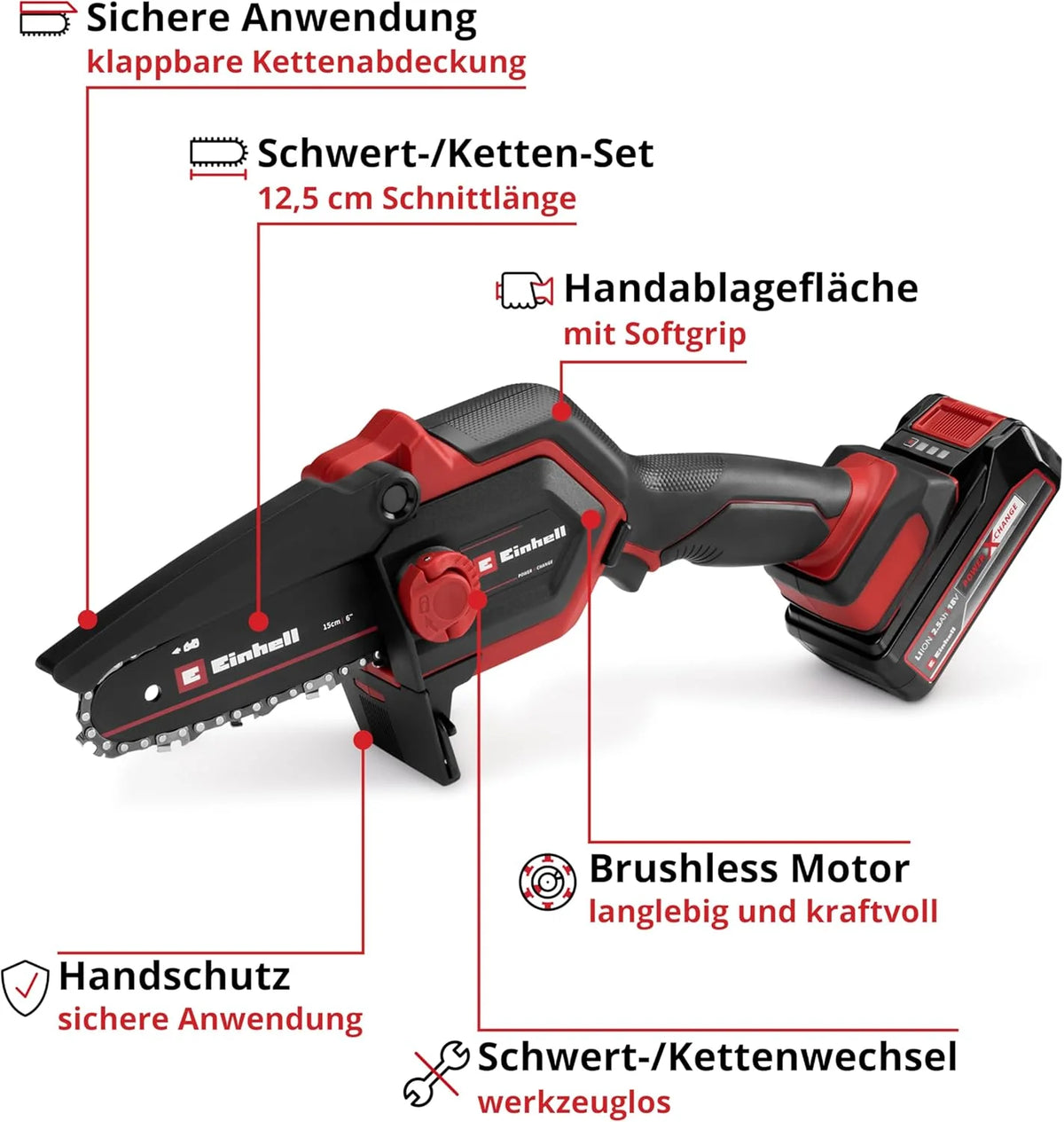 2026 Motosierra de poda inalámbrica Einhell GE – PS 18/15 Li Bag Kit Power X – Change (18 V, sin escobillas, longitud de corte de 12,5 cm, incluye batería de 2,5 Ah, cargador, cadena de repuesto, bolsa Einhell 45/29)