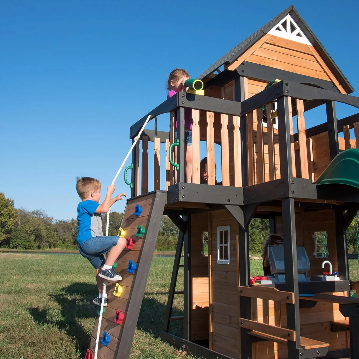 2026 Canyon Creek Cedar Wood Swing Set with Wave Slide, Clubhouse, Play Kitchen, Picnic Area, Belt Swings, Web Swing, Rock Wall, Balconies, Playhouse, Step Ladder, Outdoor Playset