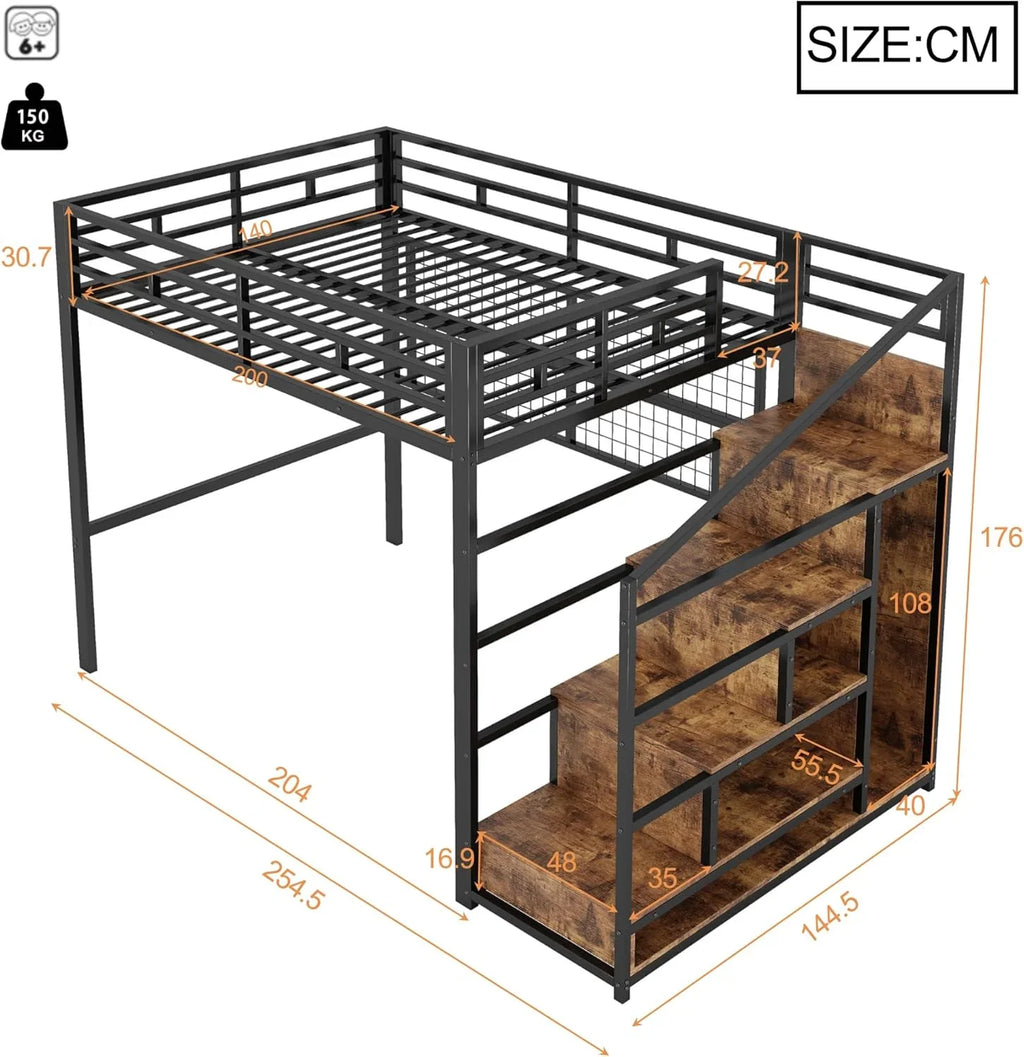 2026 Cama alta (140 x 200 cm), marco de hierro, armario, escalera de almacenamiento, rejilla para colgar objetos, espacio libre debajo de la cama, luces LED de 7 colores, sin colchón, color negro