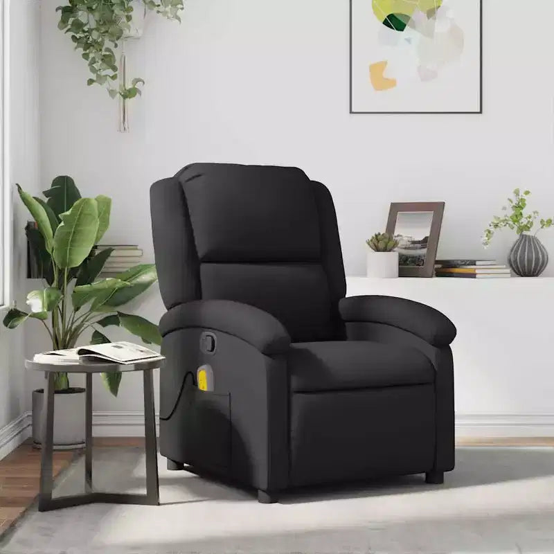 2026 Sillón reclinable de masaje – Vibración de 6 puntos, cuero auténtico, ajustable, negro