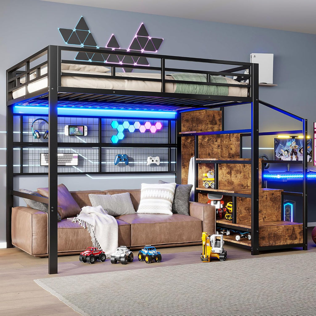 2026 Cama alta (140 x 200 cm), marco de hierro, armario, escalera de almacenamiento, rejilla para colgar objetos, espacio libre debajo de la cama, luces LED de 7 colores, sin colchón, color negro