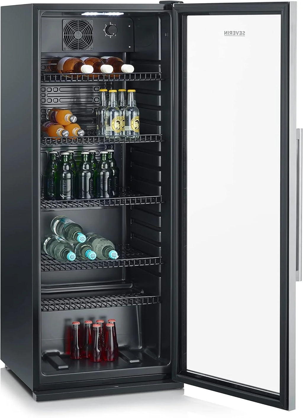 Nevera para botellas SEVERIN 2026, con cerradura integrada e iluminación LED integrada, capacidad neta de 118 L, color negro/plata, FSK 8840