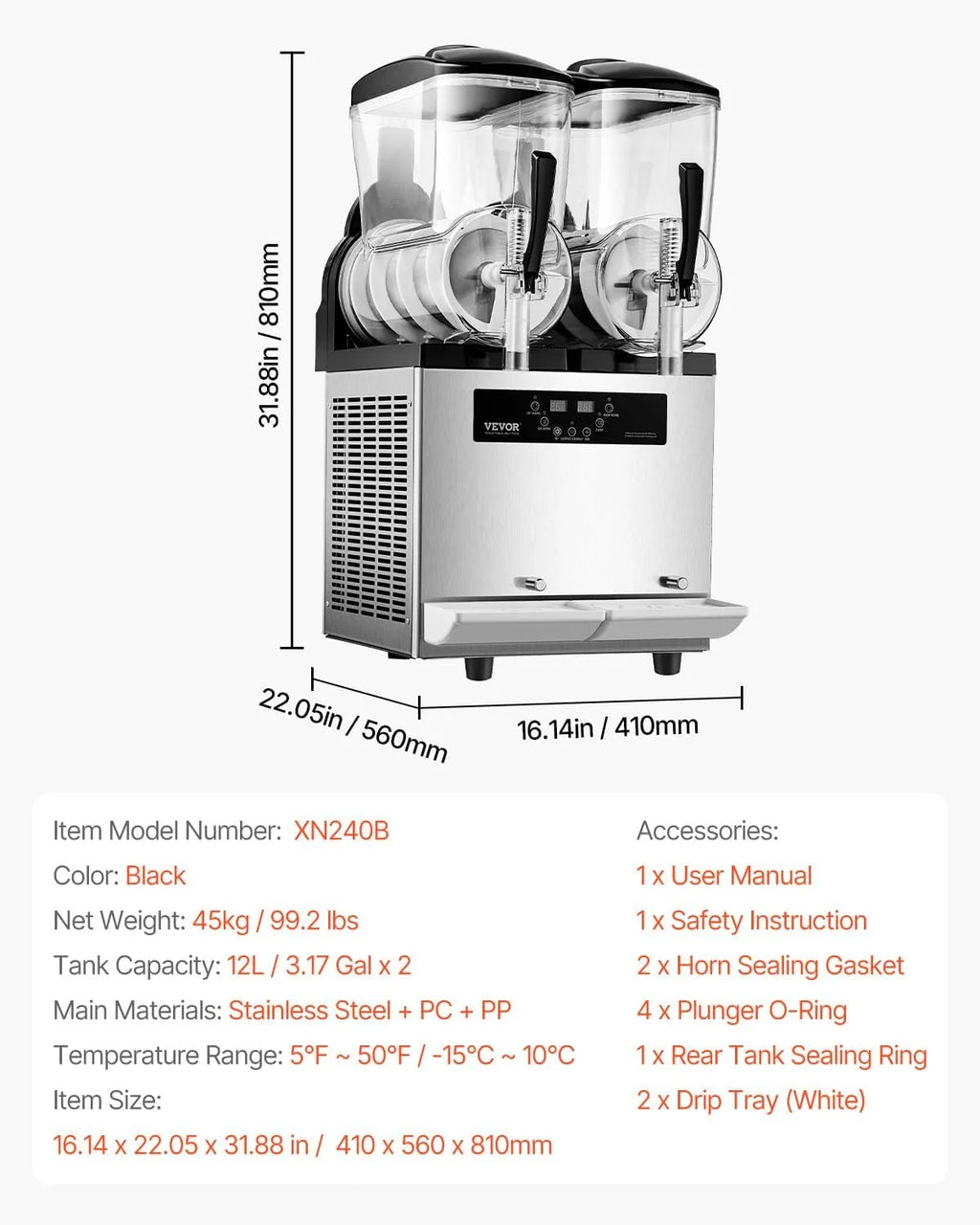 Máquina de granizados comercial VEVOR 2026, 12 L x 2, doble tanque para bebidas congeladas, máquina de granizados de acero inoxidable de 96 vasos con teclado, máquina de helado suave para fiestas, restaurantes, cafeterías y bares.