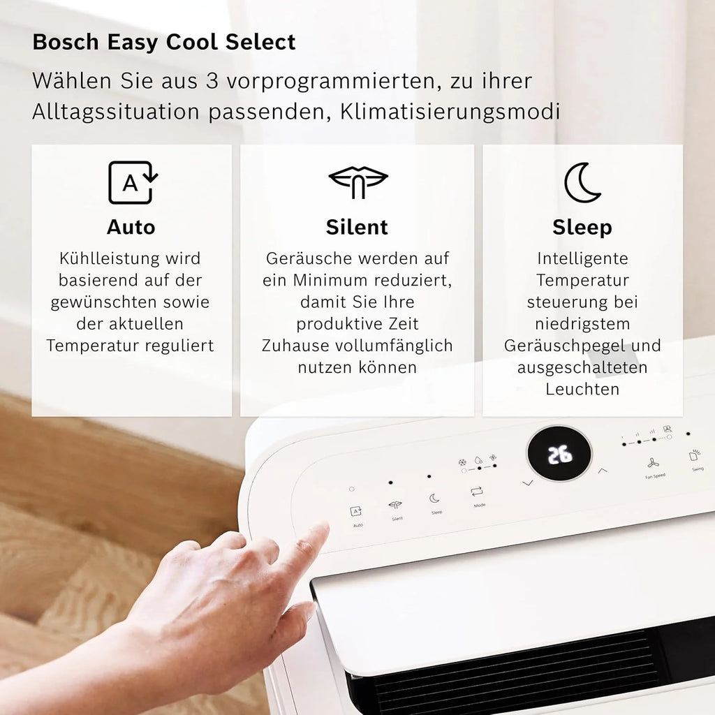 Aire acondicionado portátil Bosch Cool 4000 (modelo 2026) – 3 en 1: Aire acondicionado, deshumidificador y ventilador – 2,6 kW para habitaciones de hasta 35 m² – Con modo automático, modo silencioso y modo reposo.