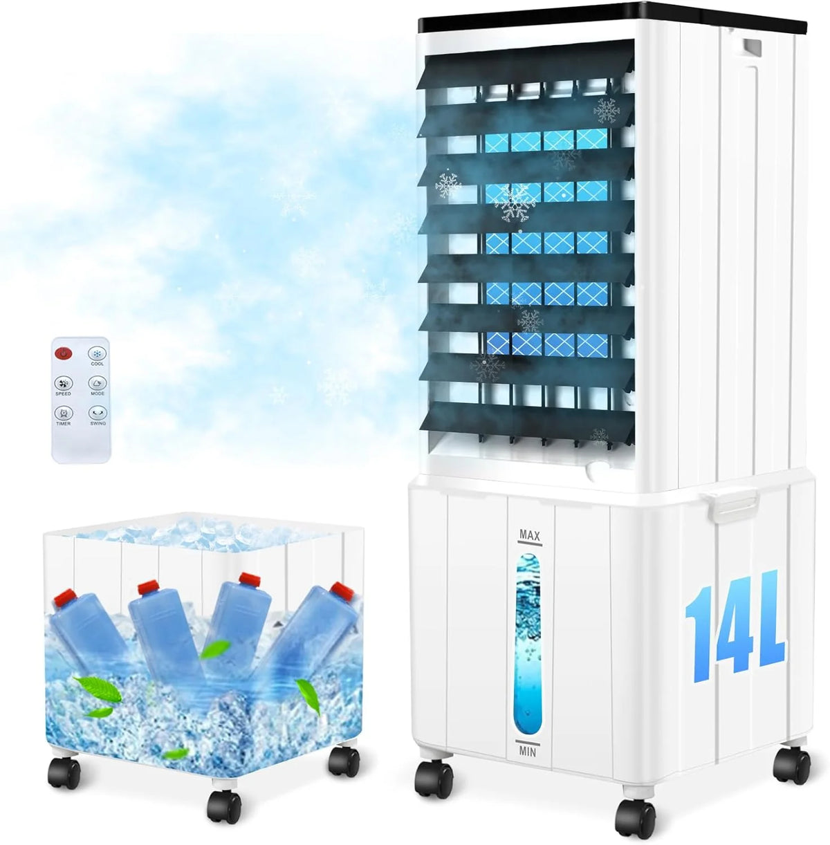 Aire acondicionado portátil 2026 sin manguera de escape, 14L 60W, con temporizador de 12 horas, 3 modos, 40dB, oscilación de 120°, depósito de agua extraíble, mando a distancia, silencioso, ideal para apartamentos y habitaciones.