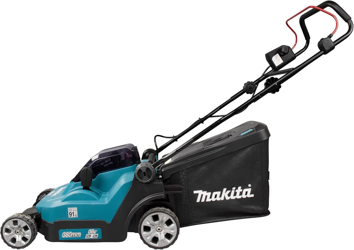 Cortacésped inalámbrico Makita DLM382PM2 2026, 2 baterías de 18 V / 4,0 Ah + cargador doble.