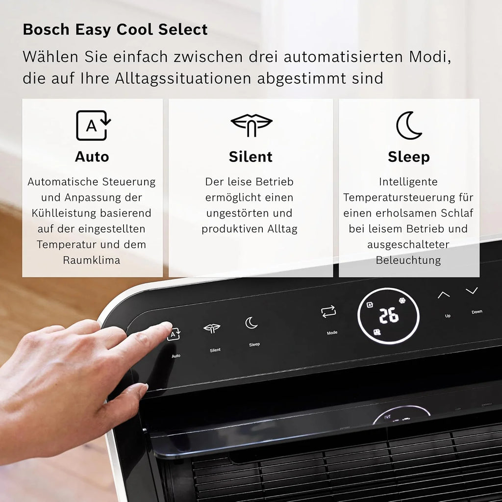 Aire acondicionado portátil Bosch Cool 4000 (modelo 2026) – 3 en 1: Aire acondicionado, deshumidificador y ventilador – 2,6 kW para habitaciones de hasta 35 m² – Con modo automático, modo silencioso y modo reposo.