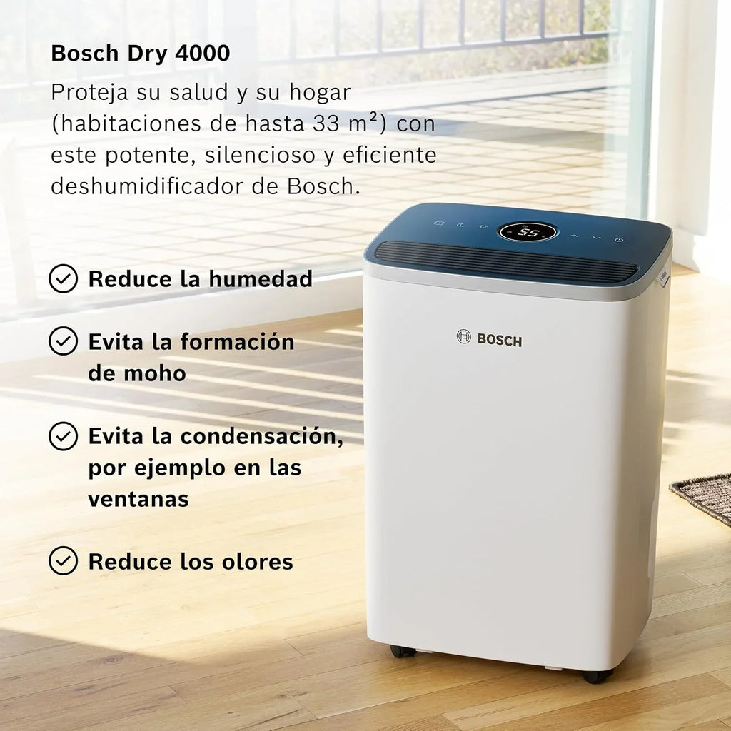 2026 Bosch Deshumidificador Dry 4000 – Fácil. Eficiente. Silencioso. Para tu Hogar y Dormitorio – Para Habitaciones de hasta 33 m² – Secado Rápido para tu Colada