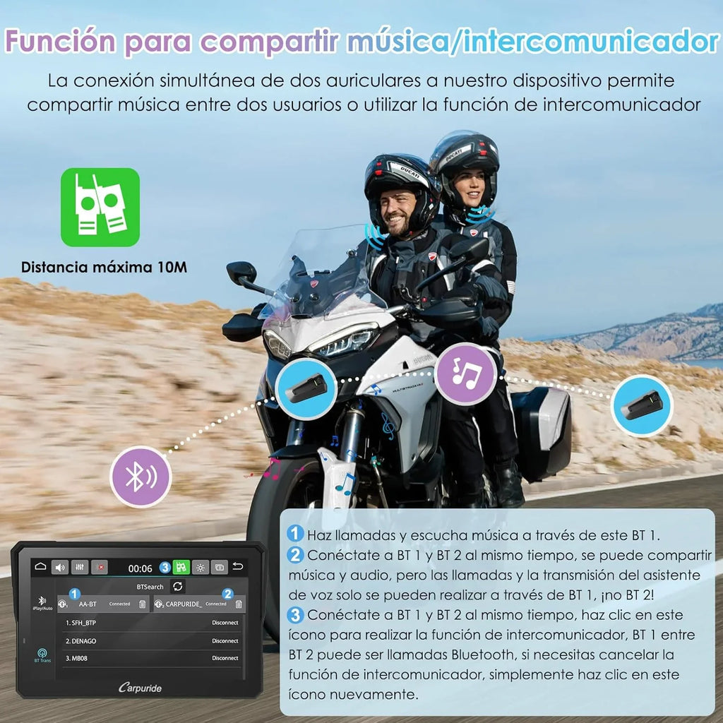 2026 CARPURIDE W702S Pro Motocicleta CarPlay Pantalla con BM05 Soporte para Conectar y Usar, Inalámbrico CarPlay y Android Auto, 7" Impermeable Táctilpantalla, Dual Bluetooth, Control con Cable, Brújula.