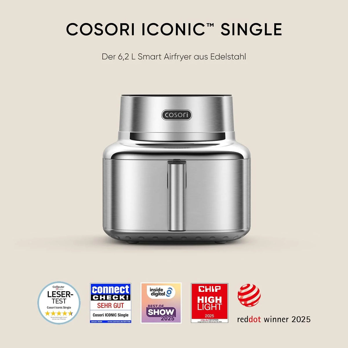 Freidora de aire COSORI 2026 | Modelo individual icónico | 96 % metal | Revestimiento cerámico, libre de PFAS y BPA | Freidora de aire 7 en 1 de 6,2 L | 61 % de eficiencia energética | Más de 50 recetas | Apta para lavavajillas | Plateada | SE601S