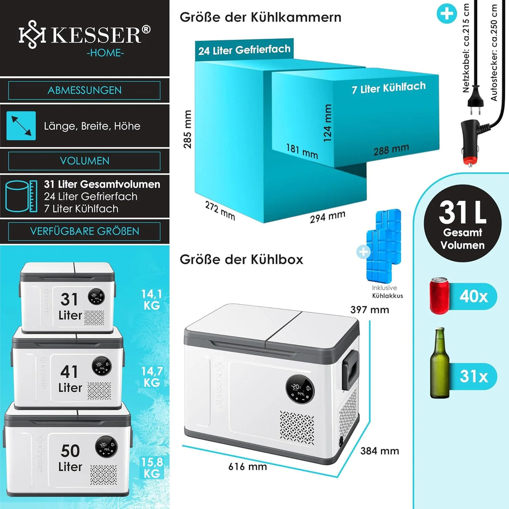 Nevera portátil KESSER 2026 con compresor, 2 en 1, doble zona de refrigeración y congelación, con congelador eléctrico, 2 acumuladores de frío y control táctil LED | Refrigerador con capacidad de enfriamiento hasta – 20 °C para camping, coche y